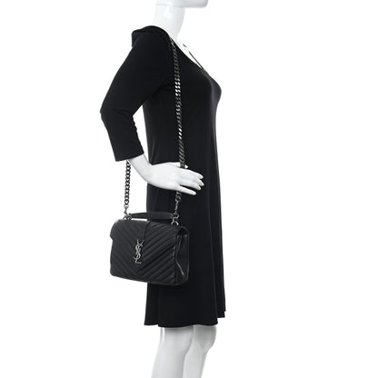 Saint Laurent Sheepskin Matelasse Chevron Monogram Medium College Bag Black 2 of 12