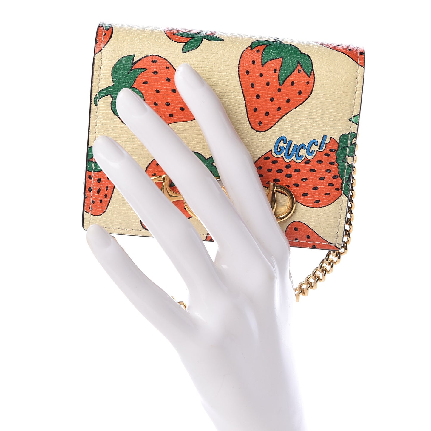 Calfskin Strawberry Print Zumi Chain Card Case Wallet Ivory Red