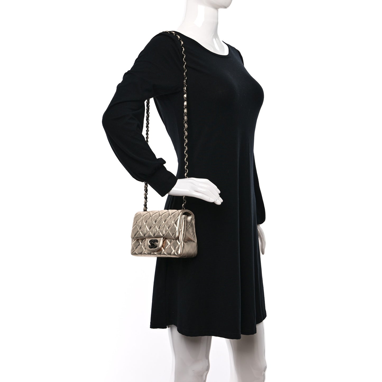 Metallic Lambskin Quilted Mini Square Flap Gold Black