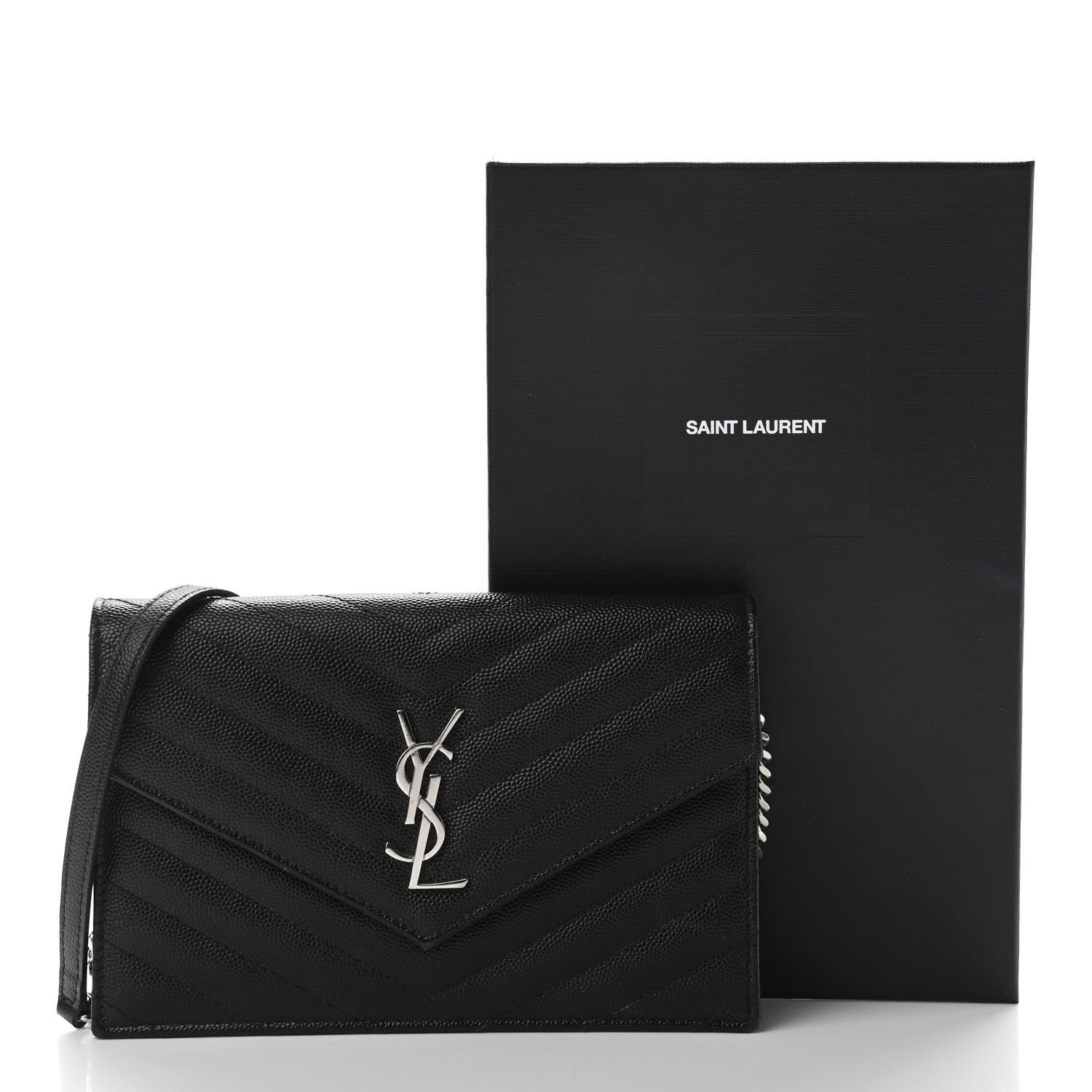 Saint Laurent Grain De Poudre Matelasse Chevron Monogram Envelope Chain Wallet Black 10 of 10