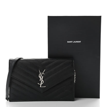 Saint Laurent Grain De Poudre Matelasse Chevron Monogram Envelope Chain Wallet Black 10 of 10