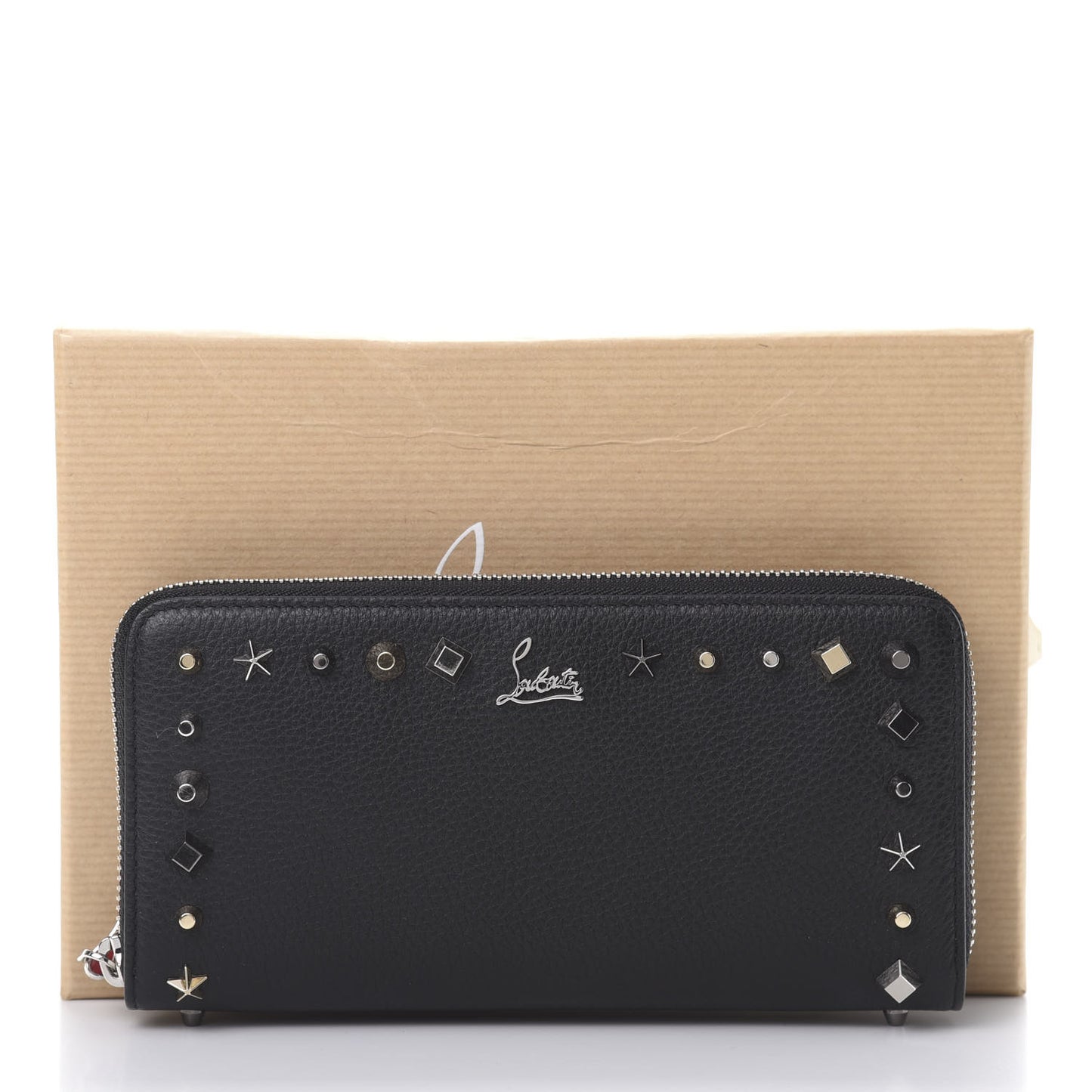 Grained Calfskin Star Studded Zip Around Wallet Black