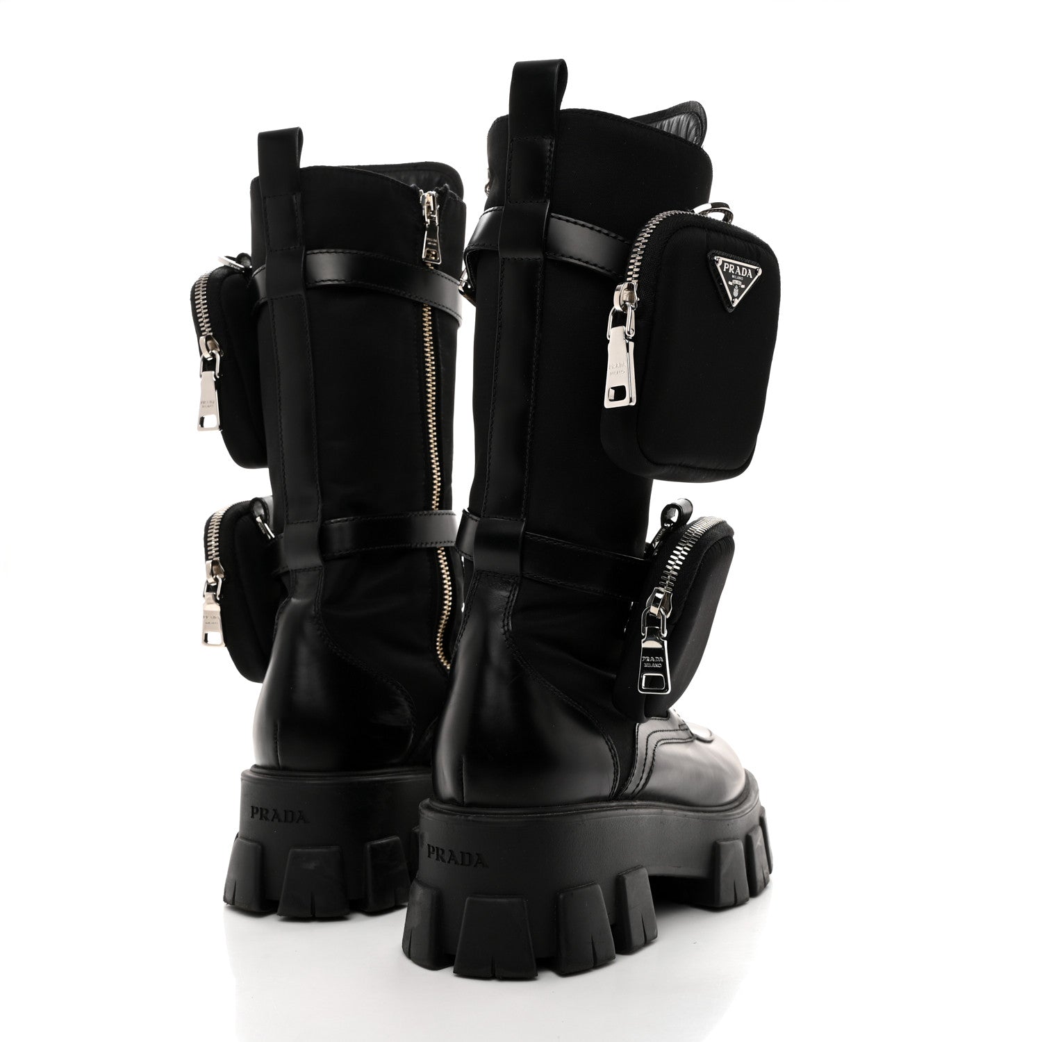 Prada Spazzolato Rois Re-Nylon Metal Triangle Logo Monolith Pouch Pocket 55mm Tall Combat Boots 39 Black 4 of 8