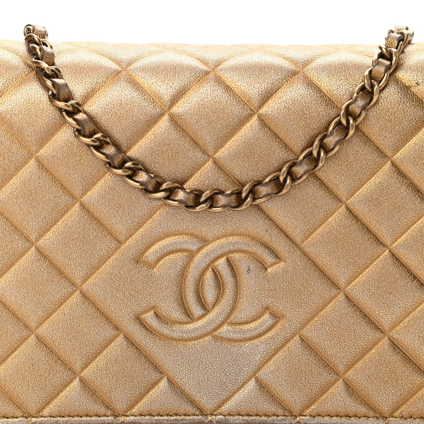 Metallic Lambskin Quilted Diamond CC Wallet On Chain WOC Bronze