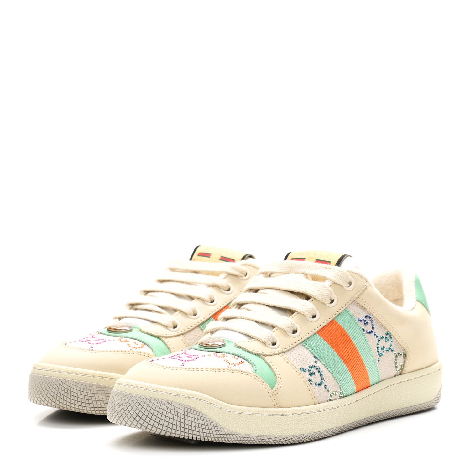 Gucci Miro Soft Calfskin Canvas Lame Crystal GG Monogram Web Screener Sneakers 37.5 Gardenia Silver Mystic White 4 of 10