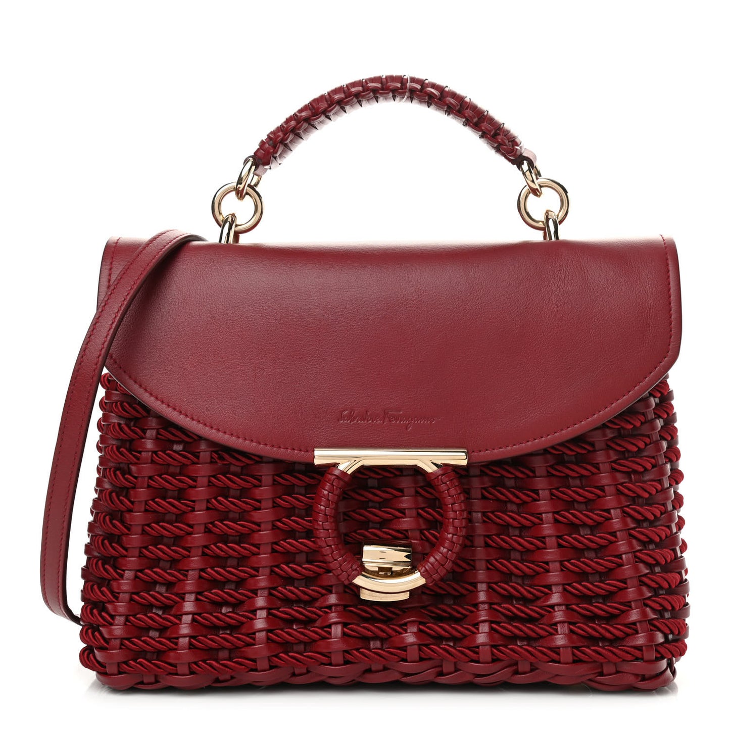 Calfskin Woven Margot Top Handle Satchel Carmine