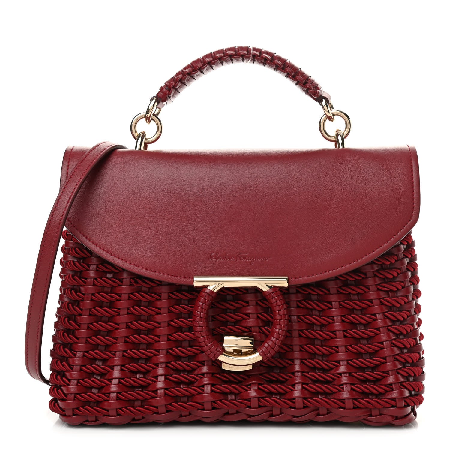 Salvatore Ferragamo Calfskin Woven Margot Top Handle Satchel Carmine 1 of 9