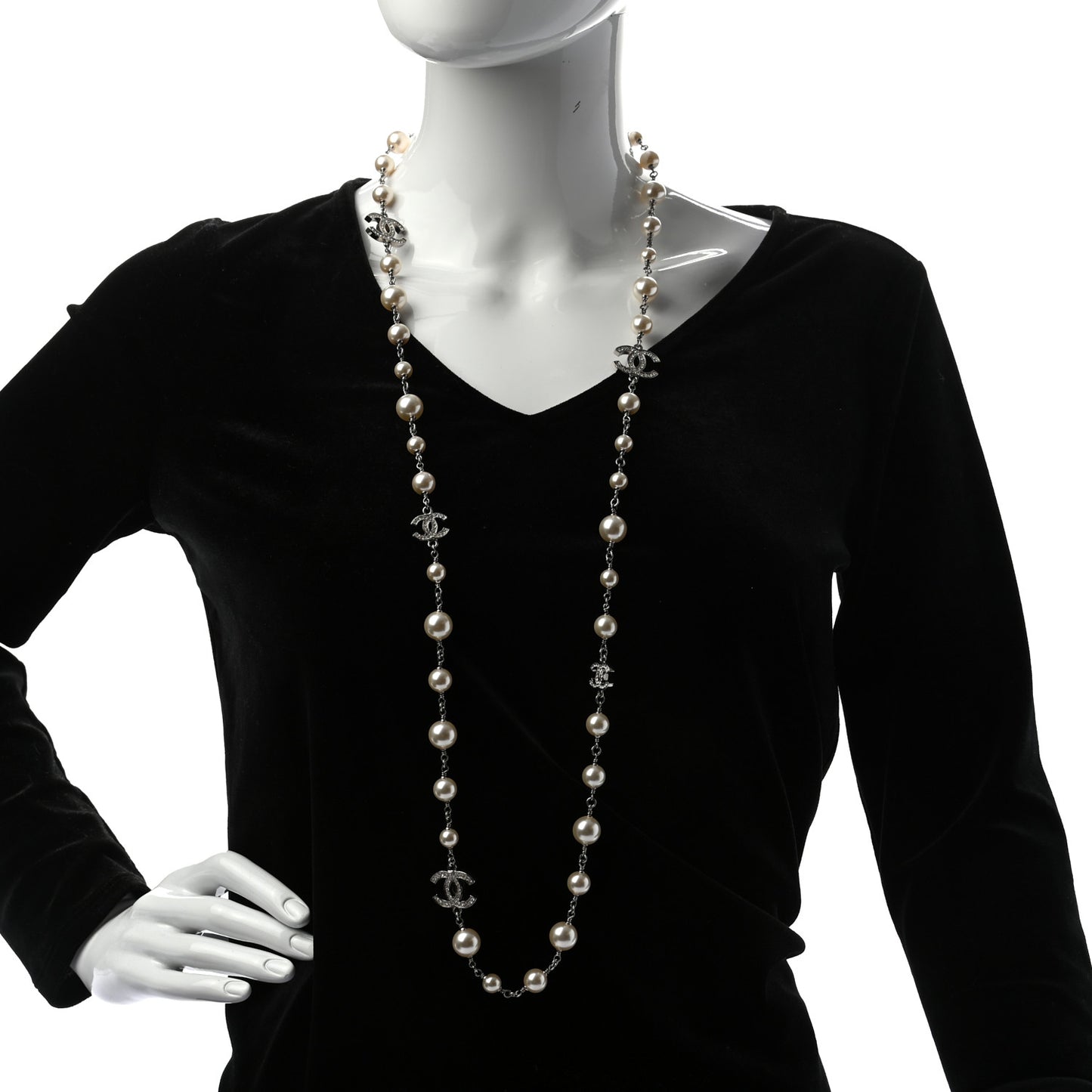 Crystal Pearl CC Long Necklace Silver
