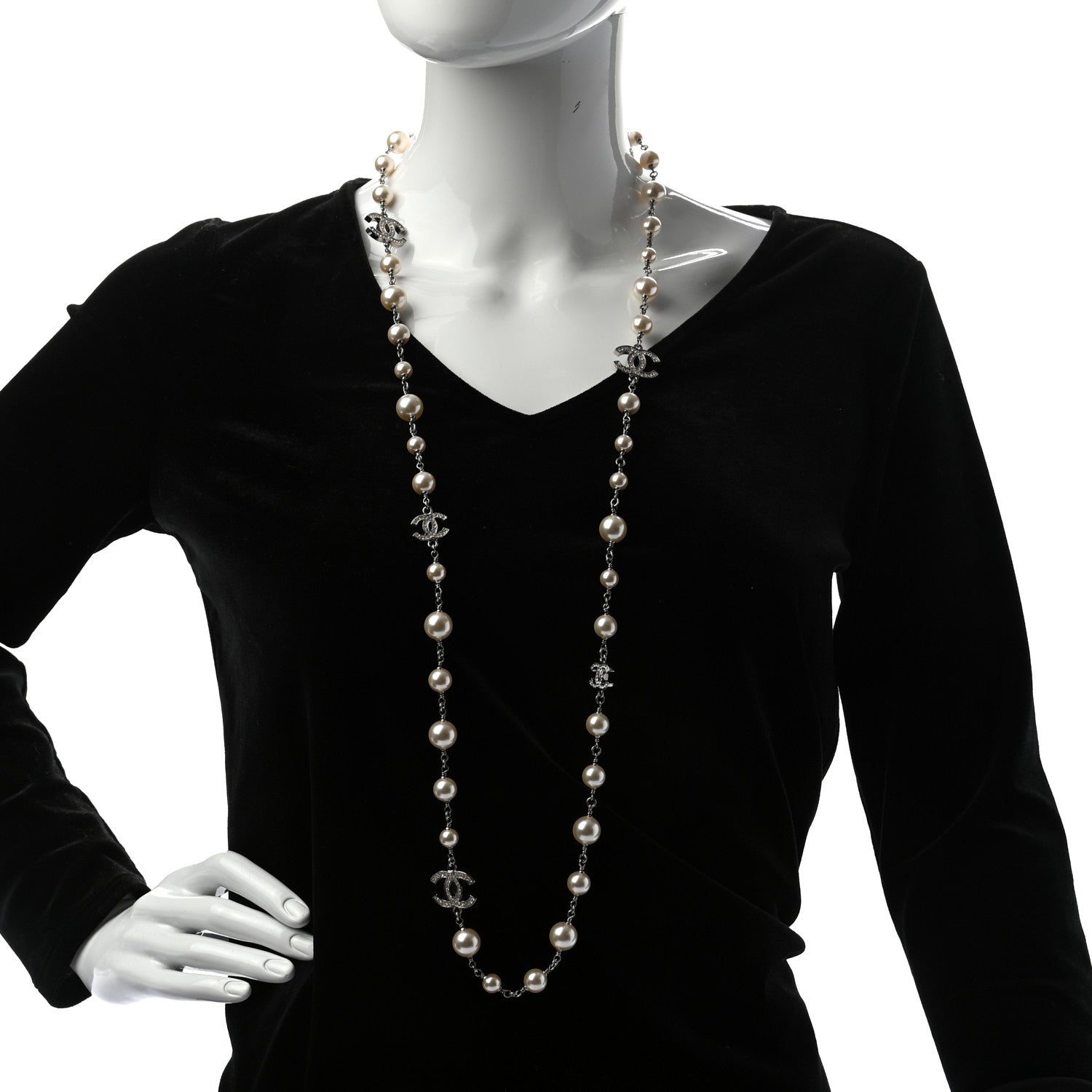 Chanel Crystal Pearl CC Long Necklace Silver 2 of 5