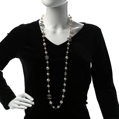 Chanel Crystal Pearl CC Long Necklace Silver 2 of 5