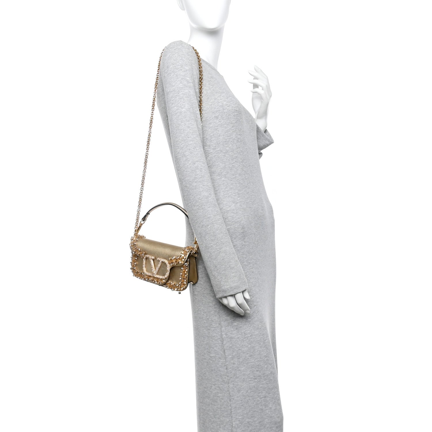 Valentino Garavani Laminated Calfskin Crystal Vlogo Small Loco Shoulder Bag Gold 2 of 13