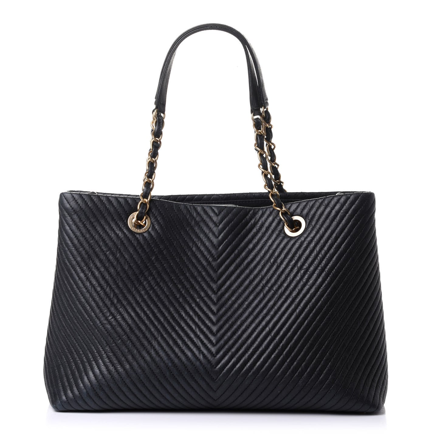 Wrinkled Lambskin Chevron Quilted Large Surpique Tote Black