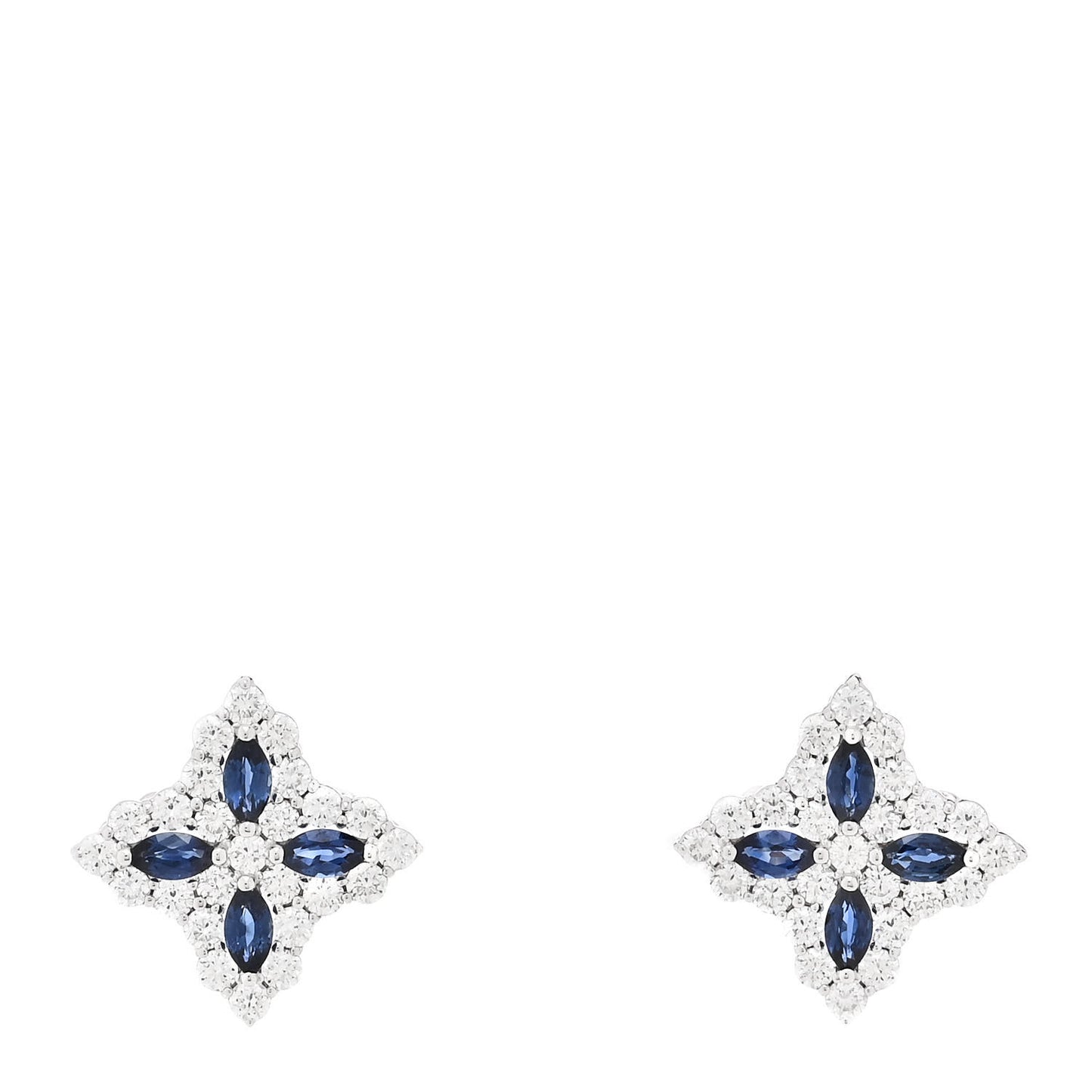 18K White Gold Diamond Blue Sapphire Princess Flower Stud Earrings