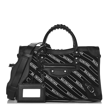 Balenciaga Canvas Satin Calfskin Diagonal Allover Logo Print Classic Silver Hardware S City Black White 1 of 11