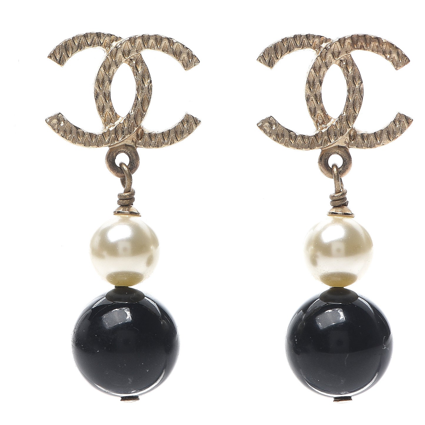 Pearl Bead CC Drop Earrings Black Gold