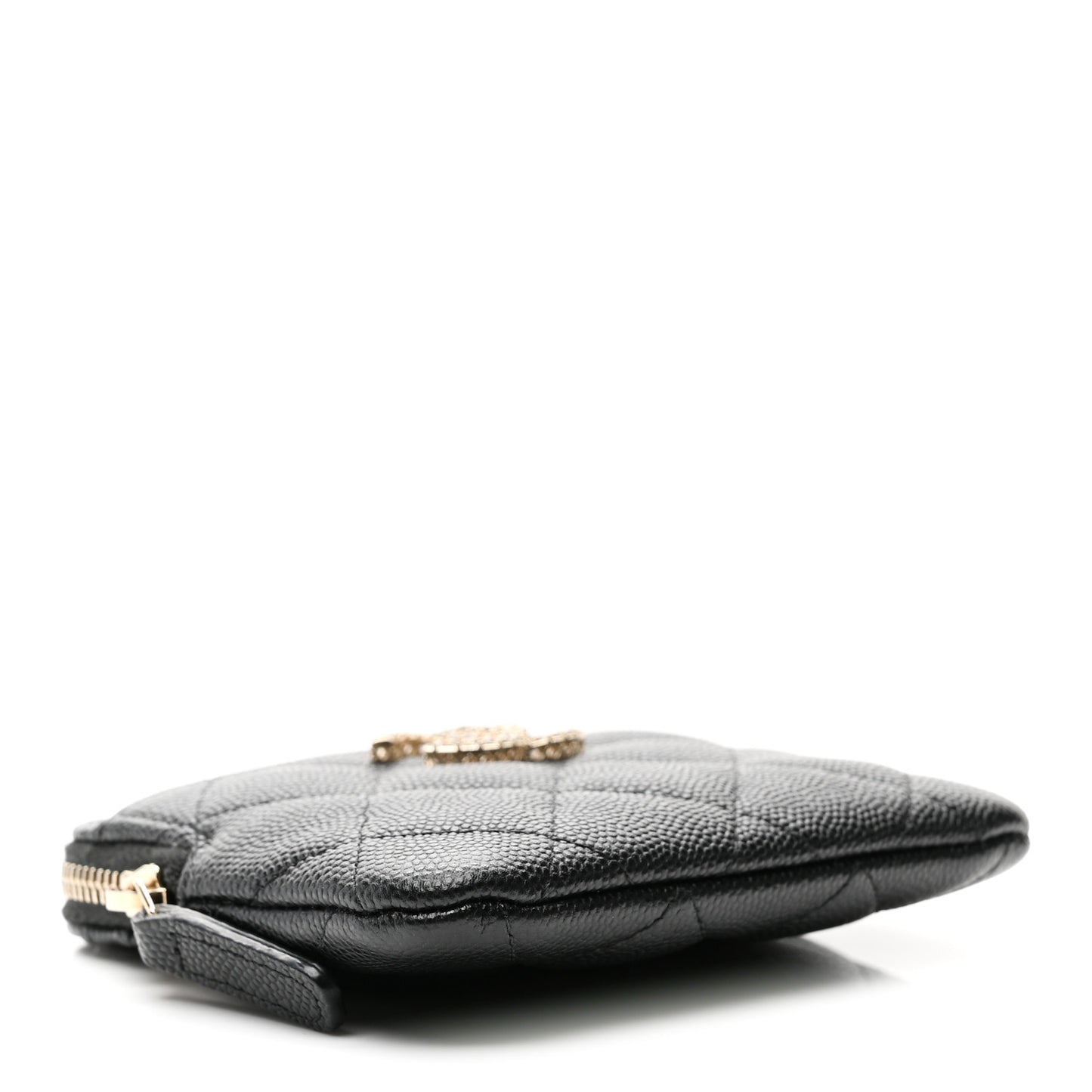 Caviar Quilted Crystal Zip Card Holder Wallet Black