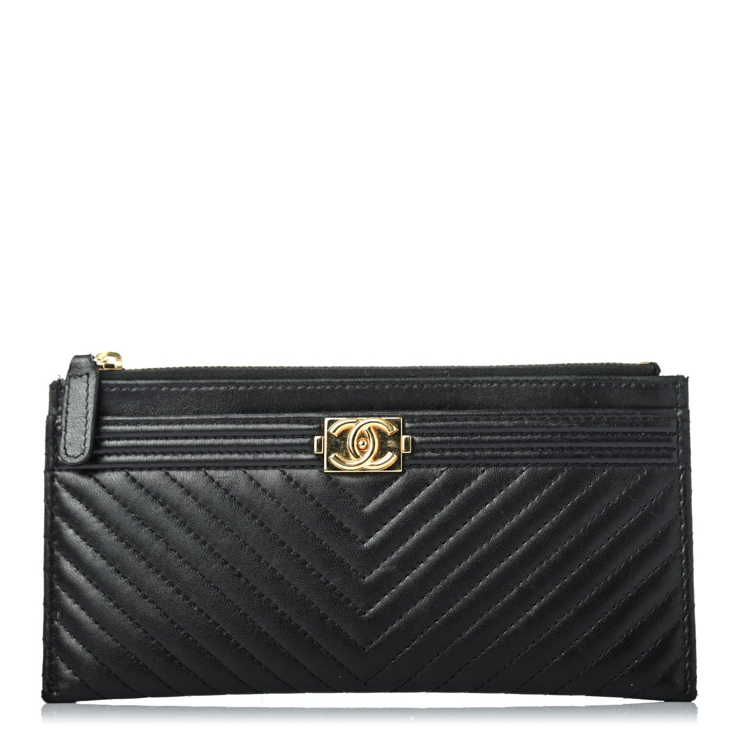 Lambskin Chevron Quilted Classic Zip Boy Pouch Black