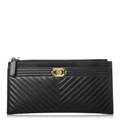 Chanel Lambskin Chevron Quilted Classic Zip Boy Pouch Black 1 of 4