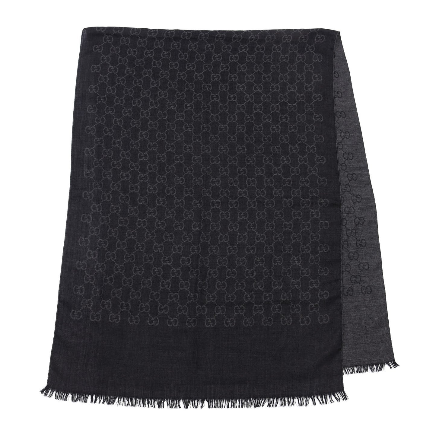 Wool Silk Jacquard Monogram Fringe Scarf Anthracite Black