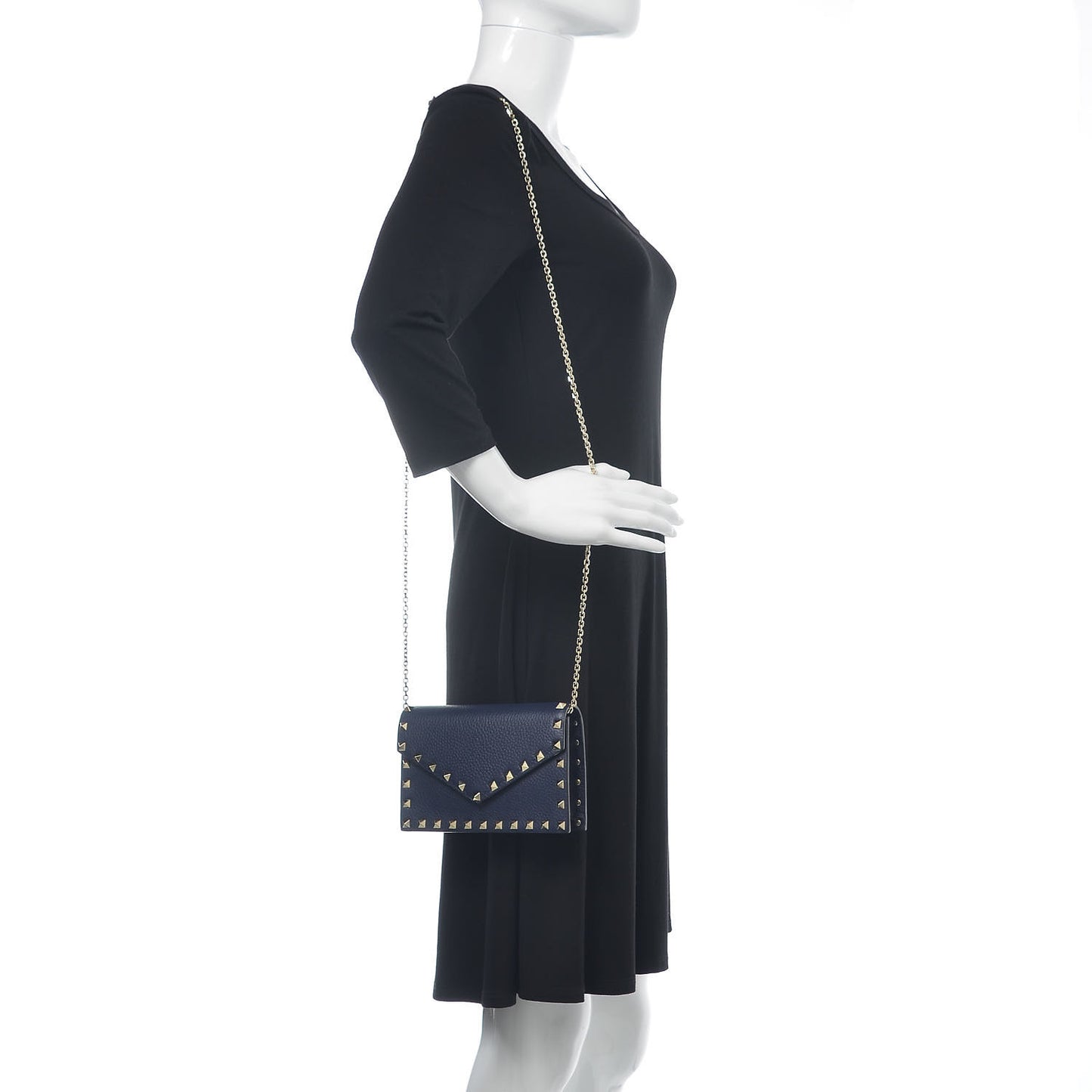 Pebbled Calfskin Rockstud Envelope Wallet on Chain Pure Blue