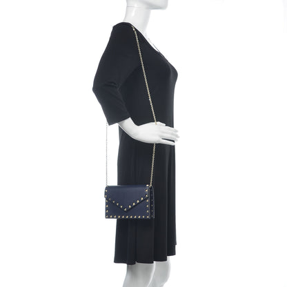 Valentino Garavani Pebbled Calfskin Rockstud Envelope Wallet on Chain Pure Blue 2 of 9