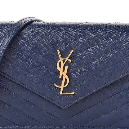 Saint Laurent Grain De Poudre Matelasse Chevron Monogram Envelope Chain Wallet Navy 9 of 10