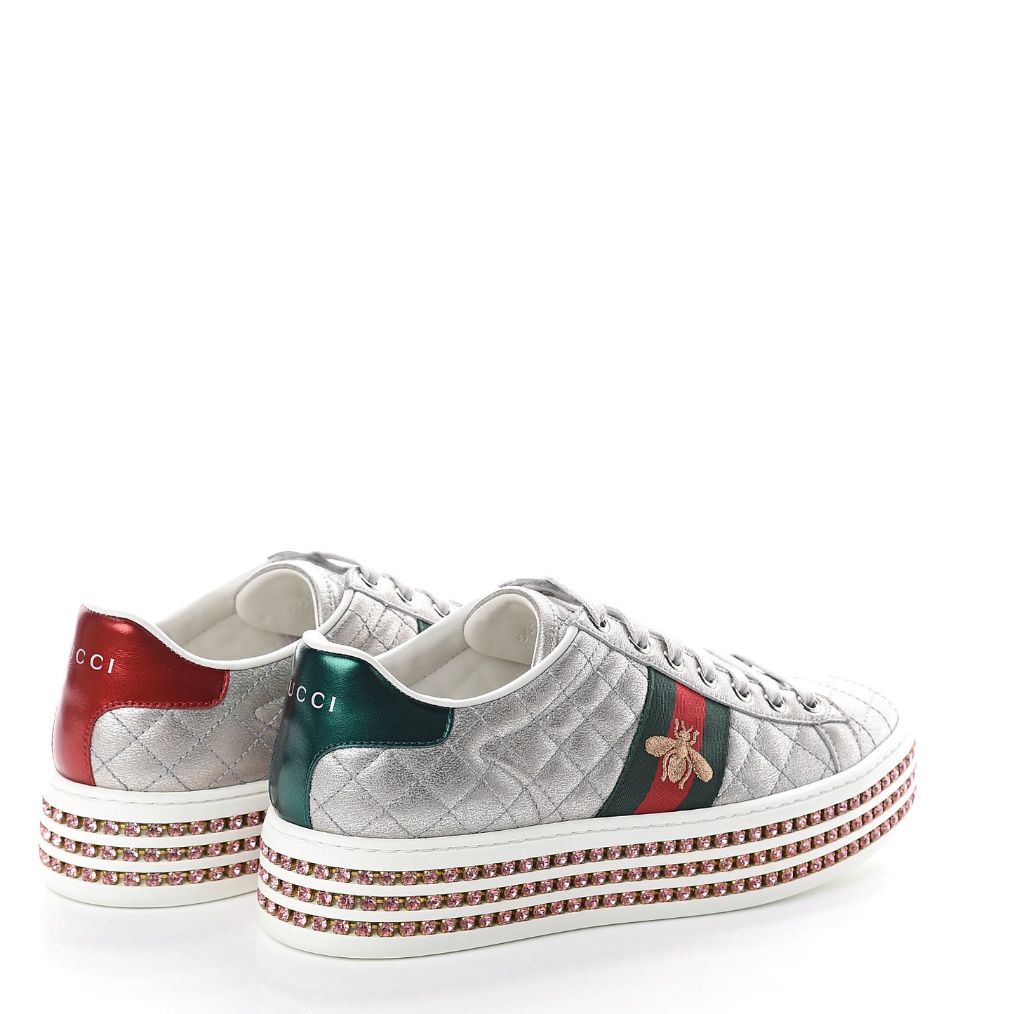 Laminated Nappa Crystal Web Bee Embroidered Trapuntata Womens Ace Platform Sneakers 38 Argento
