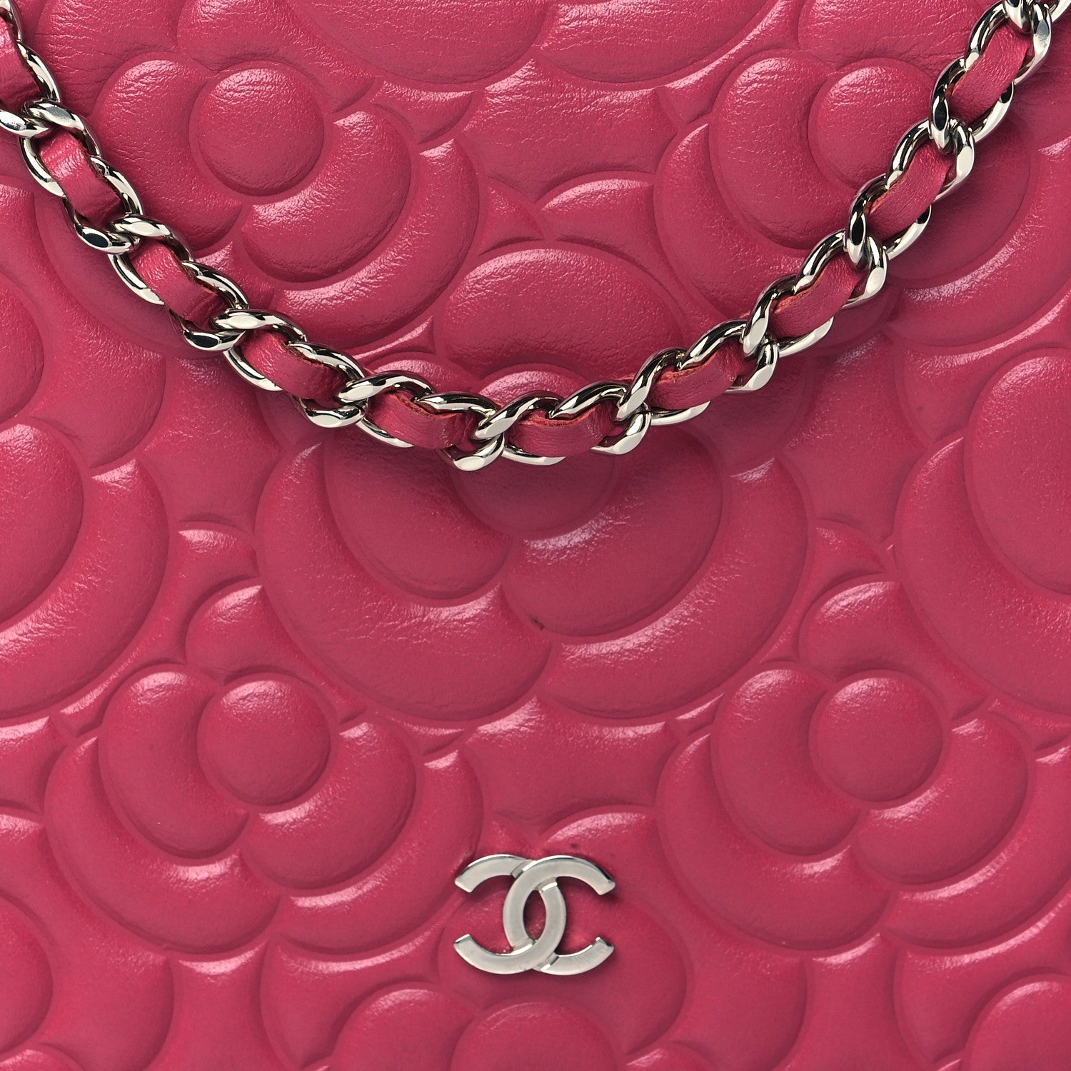 Chanel Lambskin Camellia Embossed Wallet On Chain WOC Fuchsia 8 of 10
