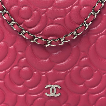 Chanel Lambskin Camellia Embossed Wallet On Chain WOC Fuchsia 8 of 10