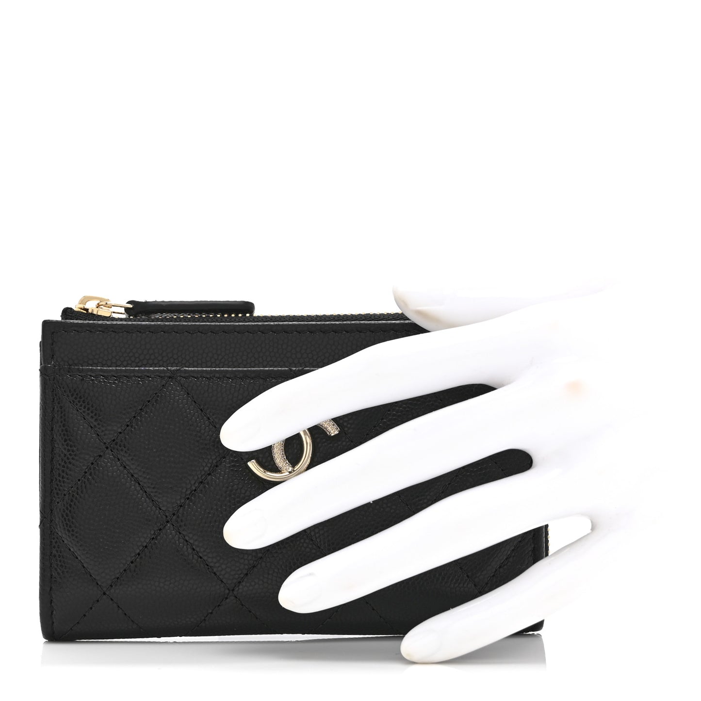 Caviar Quilted Crystal CC Zip Around Card Holder Black
