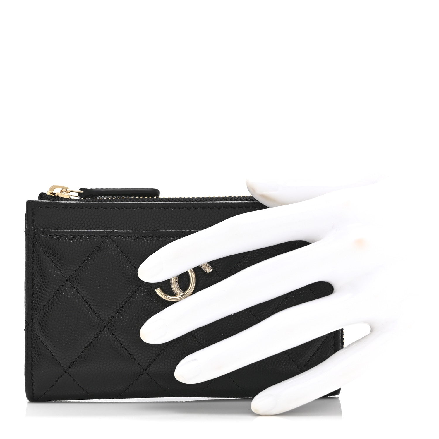 Chanel Caviar Quilted Crystal CC Zip Around Card Holder Black 2 of 9