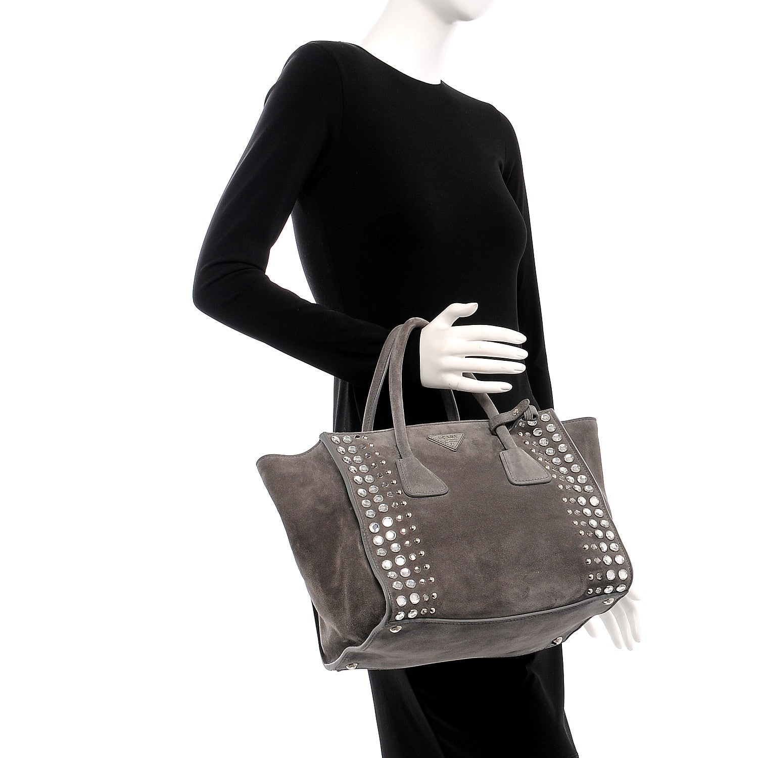 Prada Scamosciato Suede Studded Crystal Twin Pocket Tote Marmo 3 of 16
