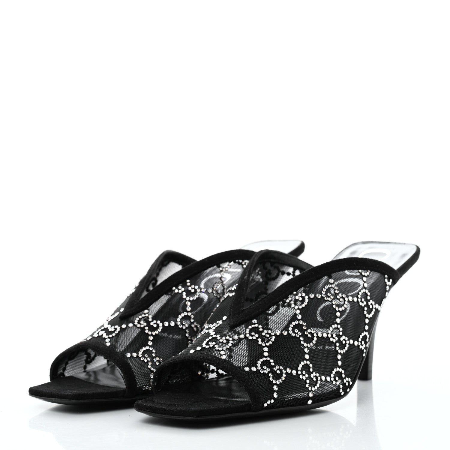 Gucci Tela Retino Kid Scamosciato Crystal GG Monogram Square G 95mm Slide Sandals 38.5 Black 3 of 8
