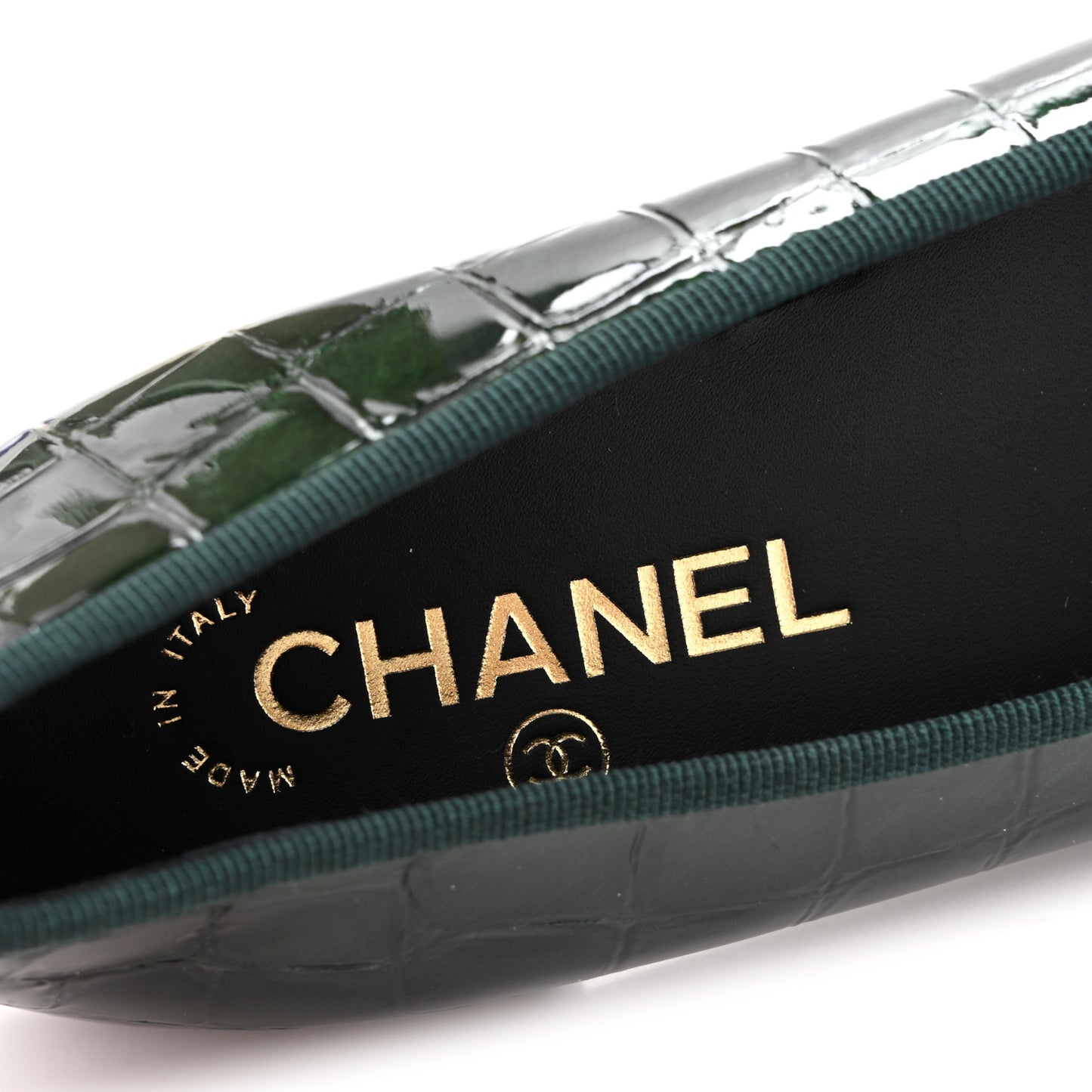 Crocodile Embossed Patent Calfskin Cap Toe CC Ballerina Flats 35.5 Dark Green Black