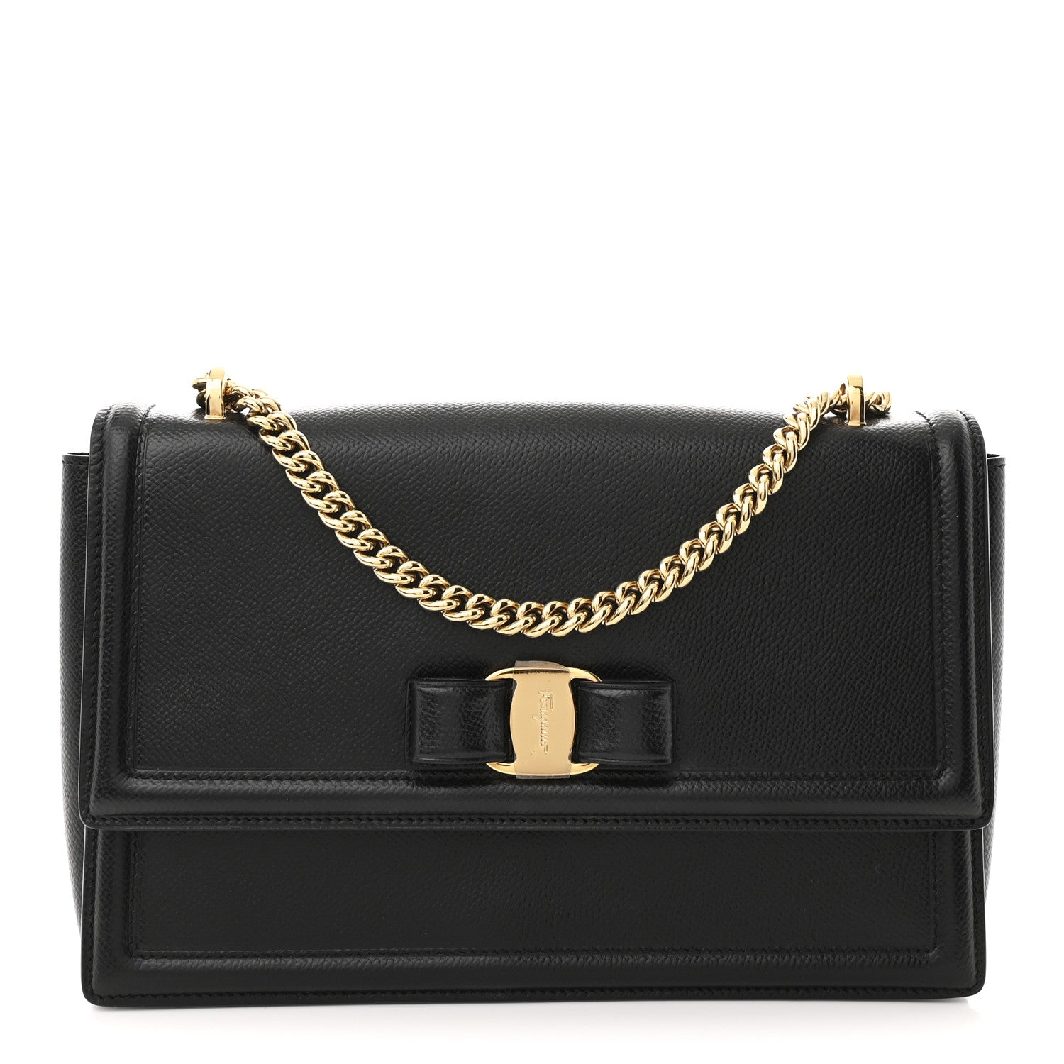 Salvatore Ferragamo Pebble Calfskin Ginny Vara Bow Shoulder Bag Black 1 of 10