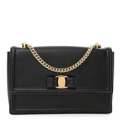 Salvatore Ferragamo Pebble Calfskin Ginny Vara Bow Shoulder Bag Black 1 of 10