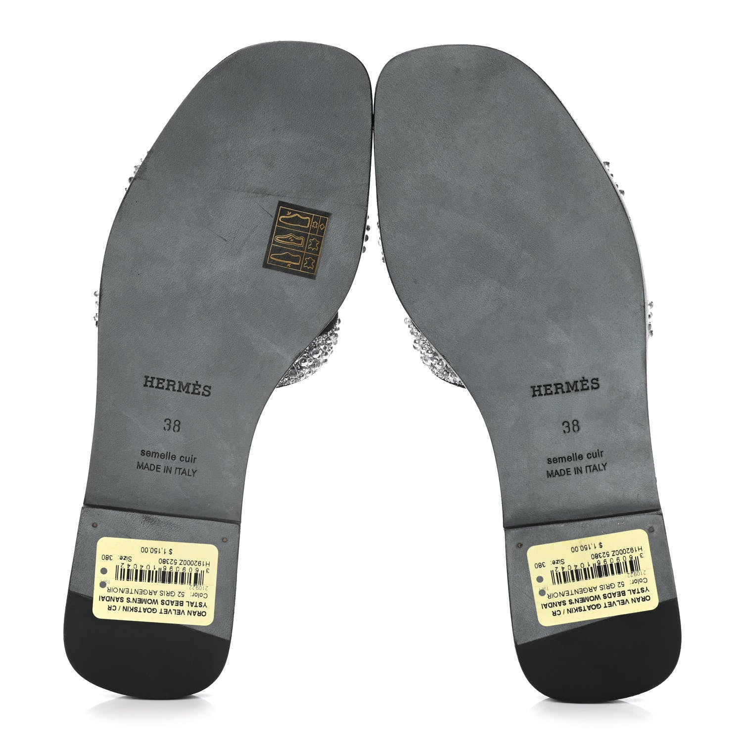 Hermes Velvet Goatskin Crystal Beads Oran Sandals 38 Gris Argente Black 7 of 12