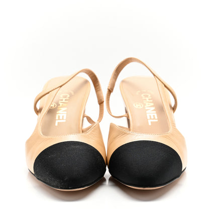 Chanel Goatskin Grosgrain Cap Toe CC Slingback Pumps 37 Beige Black 3 of 10