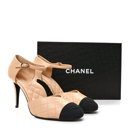 Chanel Lambskin Grosgrain Quilted CC Cap Toe Logo Ankle Strap Pumps 41 Black Beige 9 of 9