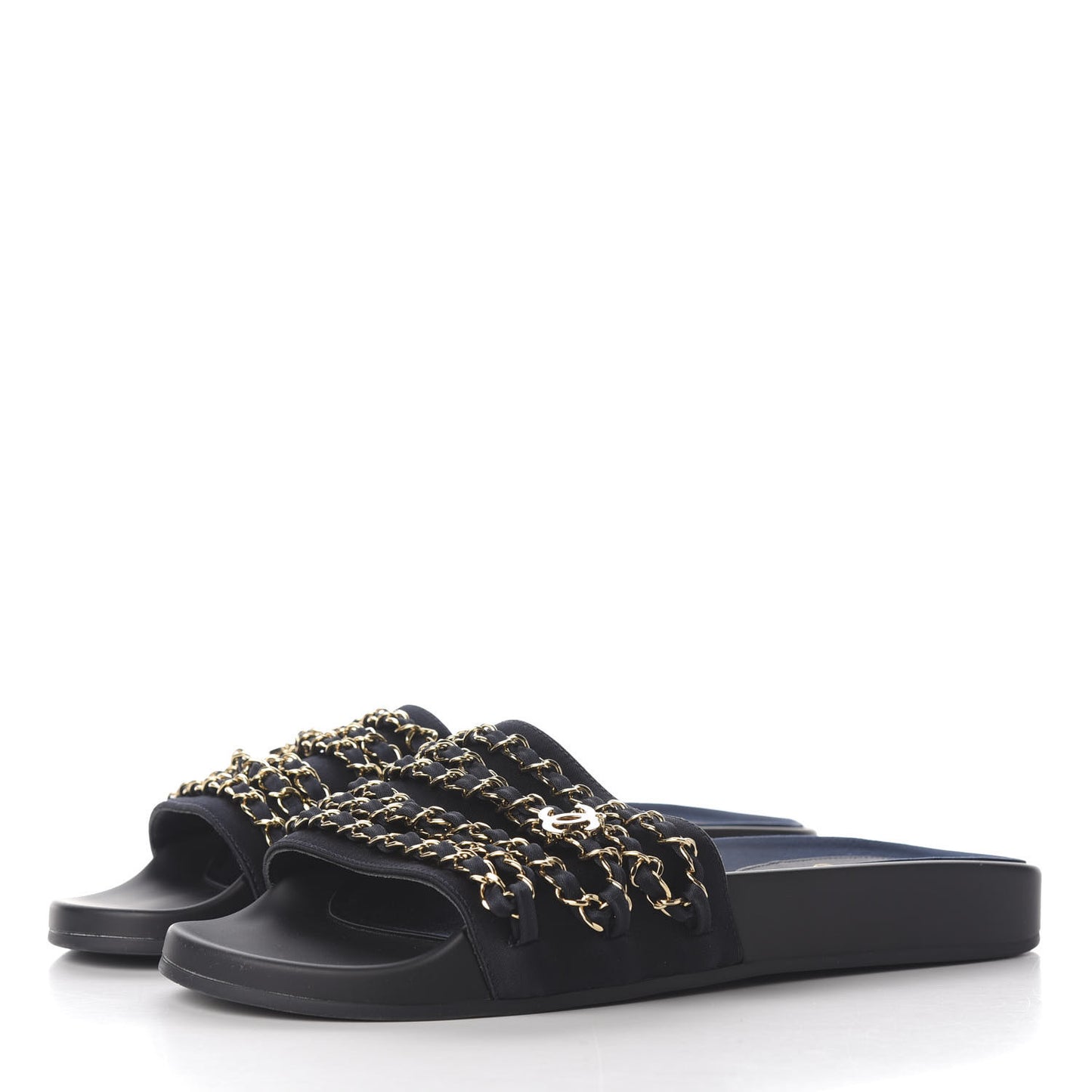 Satin Canvas Chain Slides Sandals Flats 40 Marine