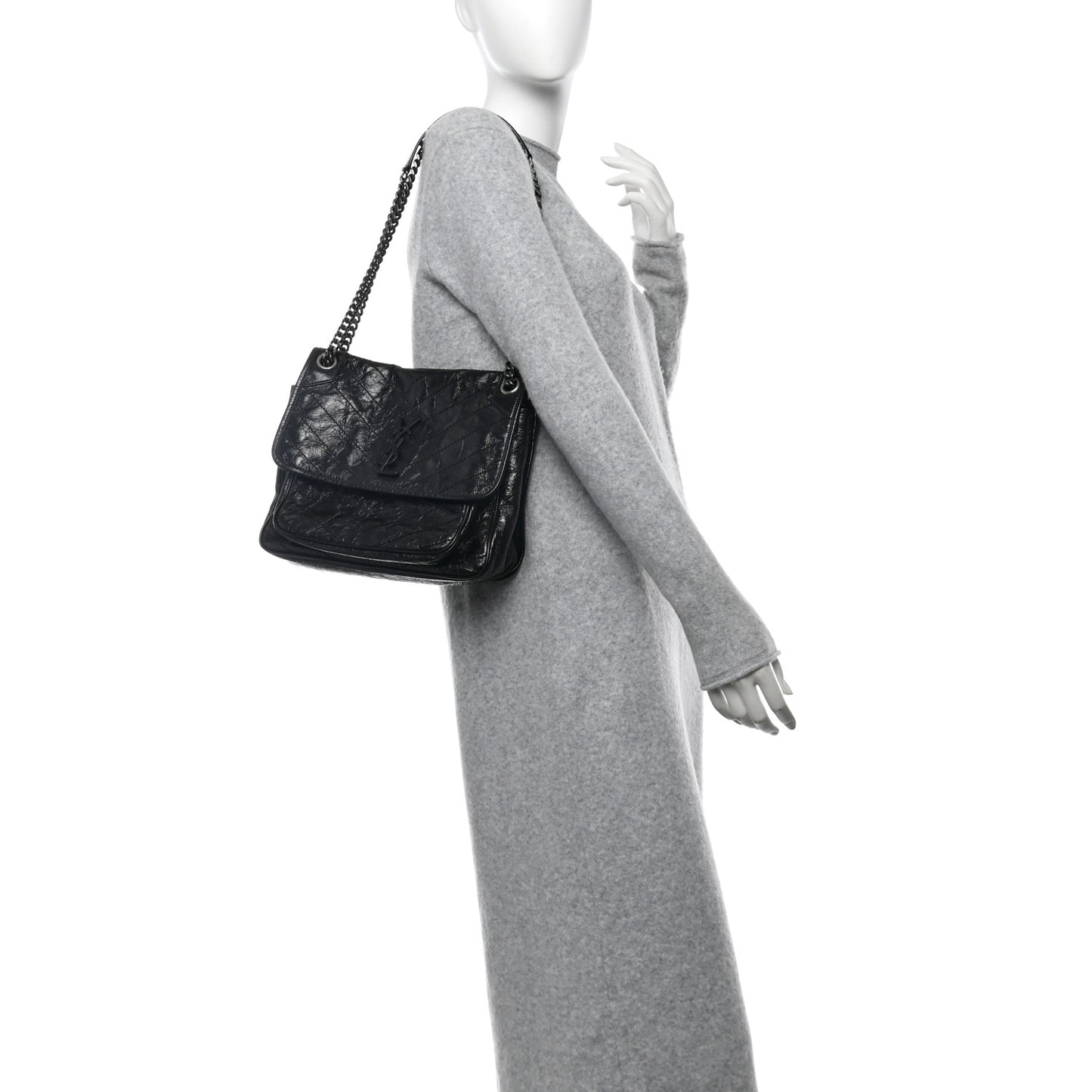 Crinkled Calfskin Matelasse Monogram Medium Niki Chain Satchel Black