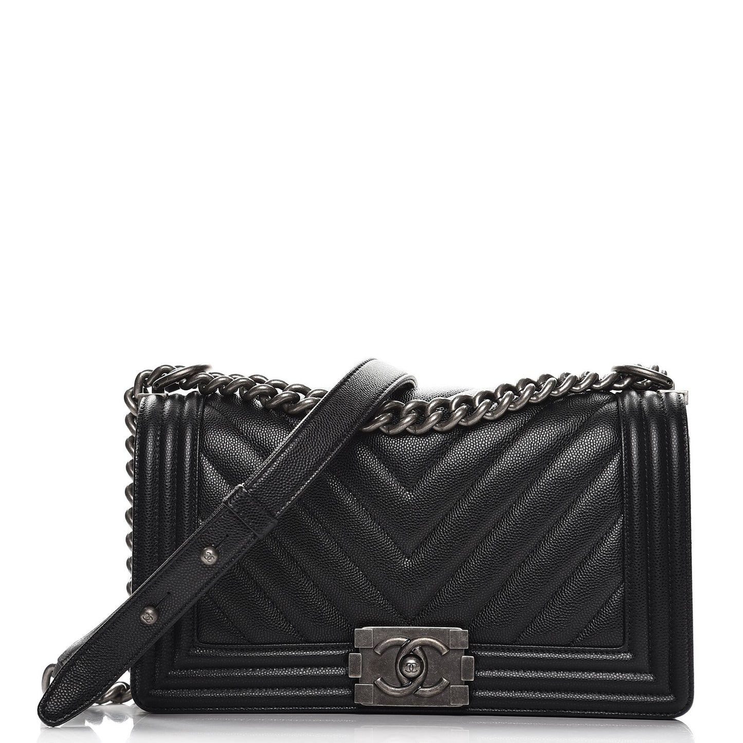 Caviar Chevron Quilted Medium Boy Flap Black