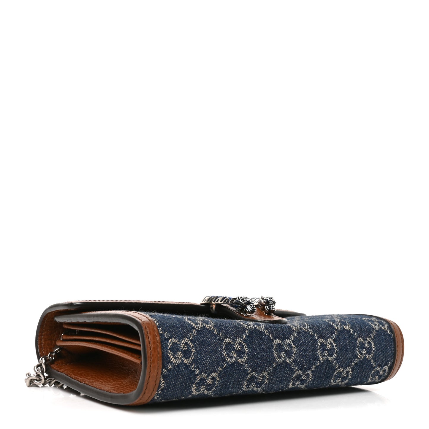 New Denim GG Monogram Dollar Calfskin Enamel Mini Dionysus Chain Wallet Blue Tea Cuir Epilog Electric Blue