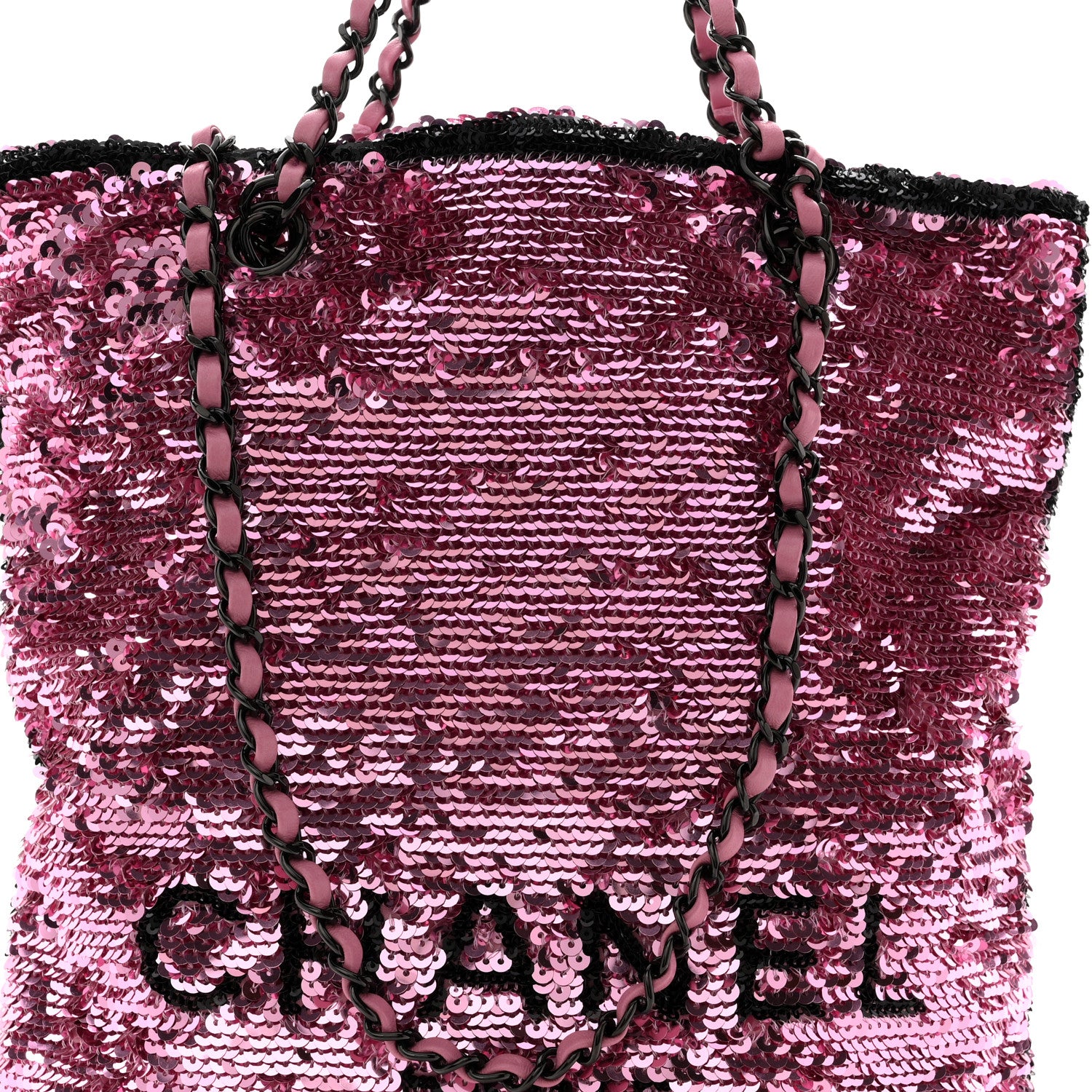 Chanel Sequin Logo Shopping Tote Pink Black 9 of 12
