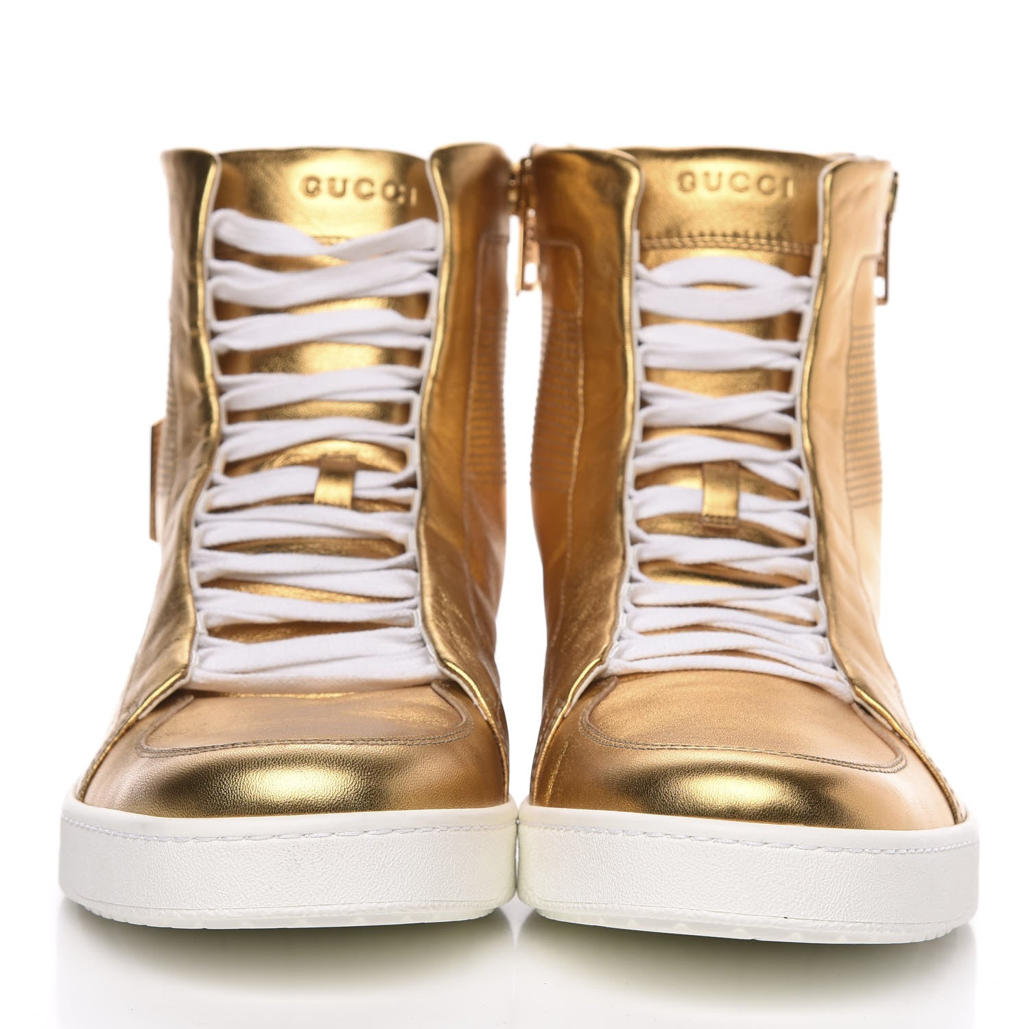 Gucci Metallic Nappa Silk Mens Dog Tag High Top Sneakers 10.5 Oro 2 of 9