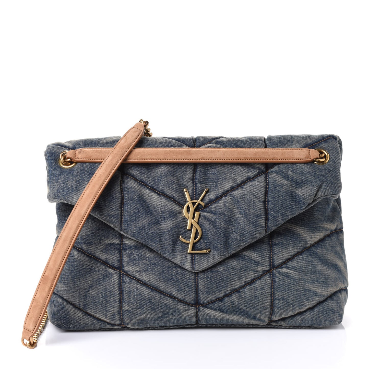 Denim Quilted Toy Loulou Puffer Monogram Chain Satchel Blue Cinnamon