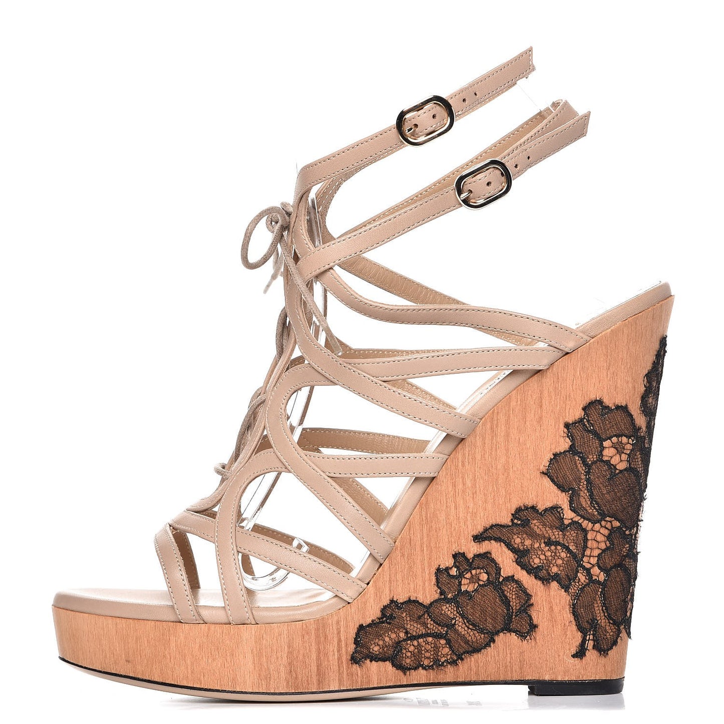 Calfskin Lace Applique Wood Wedge Sandals 38.5 Poudre