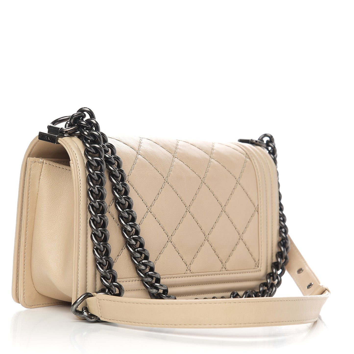 Calfskin Quilted Double Stitch Medium Boy Flap Beige