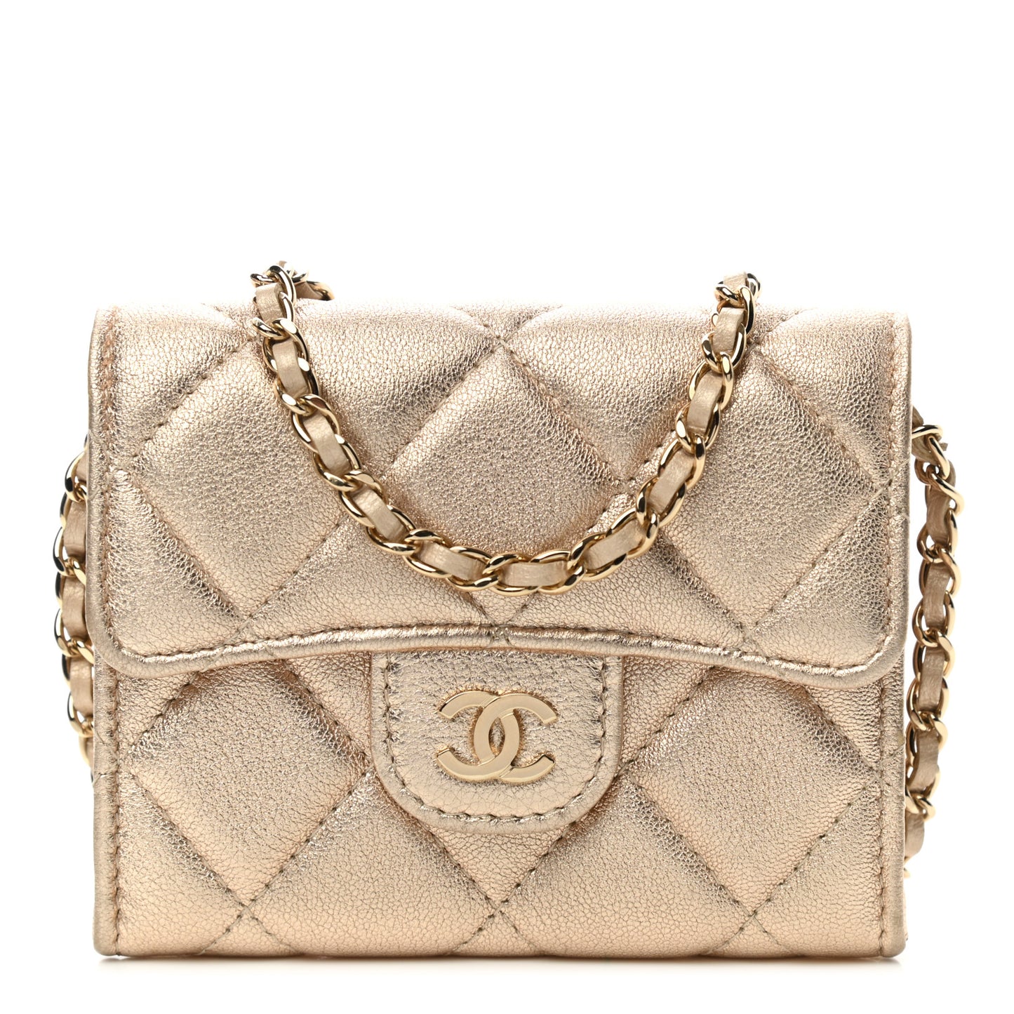 Metallic Lambskin Quilted Flap Card Holder On Chain Gold