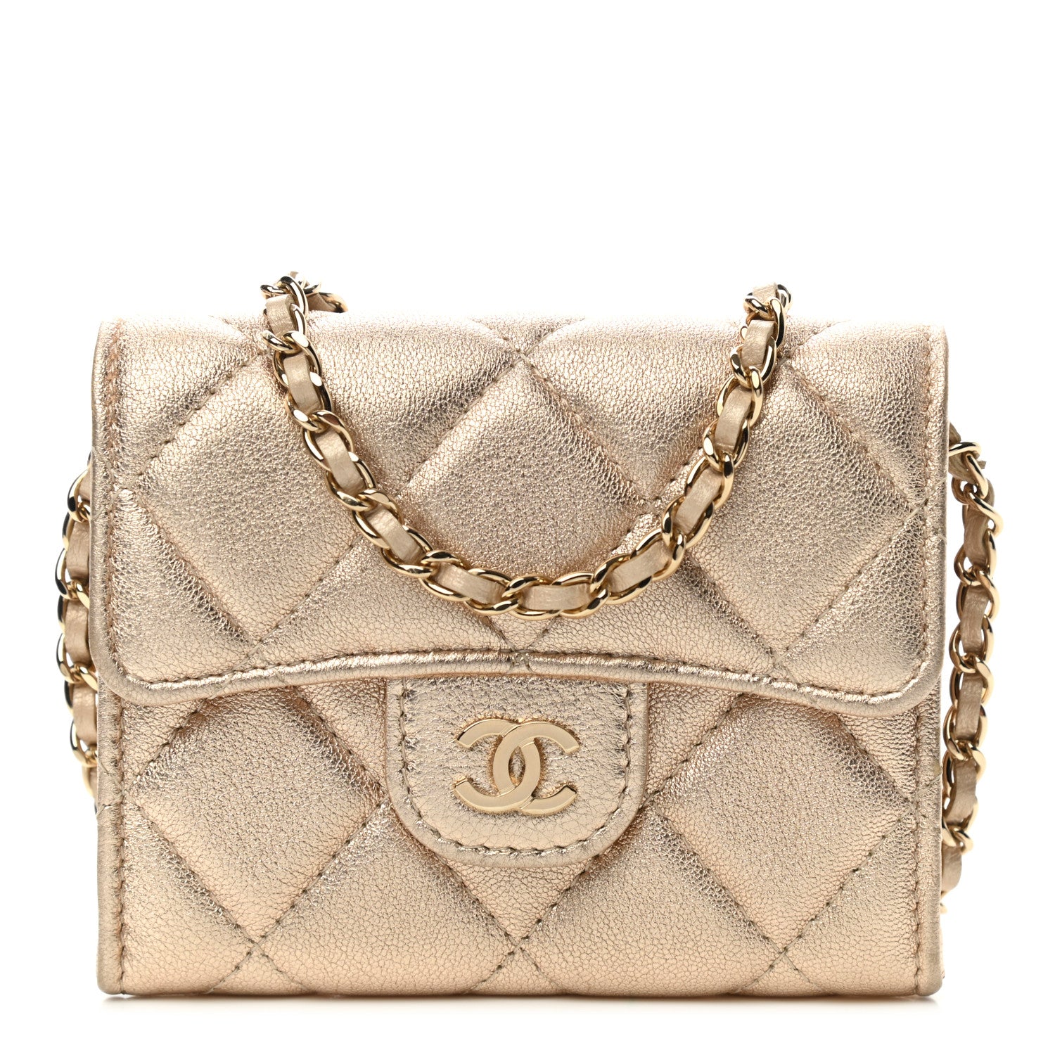 Chanel Metallic Lambskin Quilted Flap Card Holder On Chain Gold 1 of 11